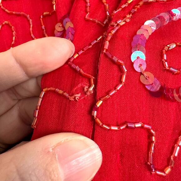 Vintage Gold Star Red 100% Silk Fully Beaded Midi Length Dress Women's Size S - Picture 12 of 15